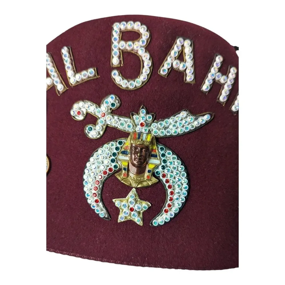 Shriner AL Bahr Masonic Wool Fez Hat Burgundy Jeweled (size 6 7/8) Vintage Mason